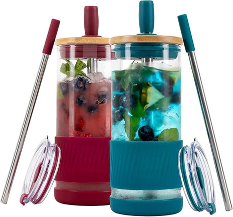 Pandaloo® Glass Cups With Lids and Straws -20 Fl Oz- Perfect Size Iced Coffee Cup - Smoothie Cup With Bamboo Lid and On the go Lid - Glass Tumbler (2 Count (Pack of 1), Boysenberry-Intense Teal)