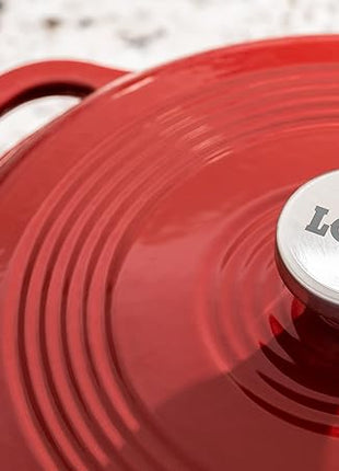 Lodge 6 Quart Enameled Cast Iron Dutch Oven with Lid – Dual Handles – Oven Safe up to 500° F or on Stovetop - Use to Marinate, Cook, Bake, Refrigerate and Serve – Cranberry