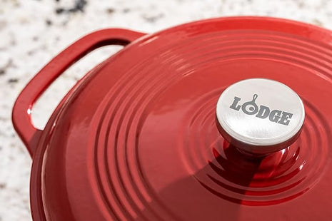 Lodge 6 Quart Enameled Cast Iron Dutch Oven with Lid – Dual Handles – Oven Safe up to 500° F or on Stovetop - Use to Marinate, Cook, Bake, Refrigerate and Serve – Cranberry