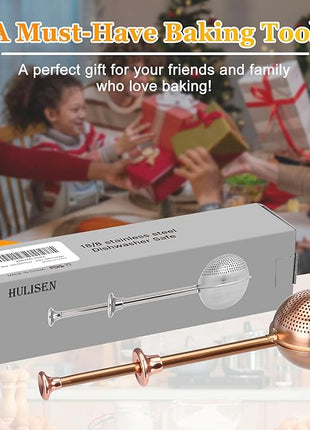 HULISEN Flour Duster for Baking, One-Handed Operation, 304 Stainless Steel Powdered Sugar Shaker Duster, Pick Up and Dust Flour Sifter, Gift Package, Brown