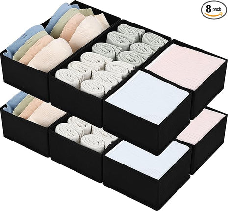 DIMJ Drawer Organizers - Set of 8 Foldable Closet Dividers for Baby Clothes, Socks, Belt, Tie (Black)