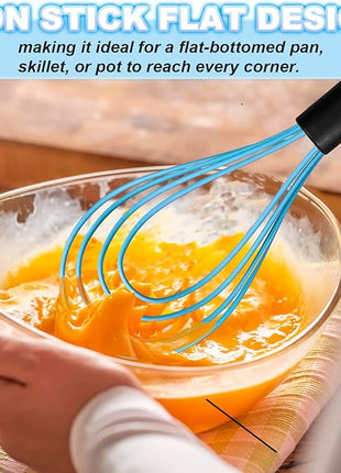 Anaeat Silicone Kitchen Whisk Set of 4, Perfect for Non-Stick Cookware, Milk and Egg Beater Blender for Whisking, Cooking, Baking, Beating - 11'' Flat Whisk and 8.5''+10.5''+12'' Balloon Whisks (Blue)