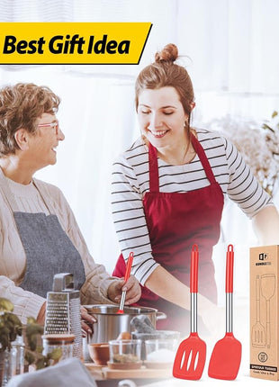 Pack of 2 Silicone Solid Turner, Non Stick Slotted Kitchen Spatulas, High Heat Resistant BPA Free Cooking Utensils, Ideal Cookware for Fish, Eggs, Pancakes(Red)