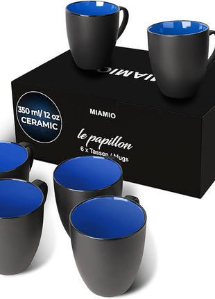 MIAMIO - Set of 6 Stoneware Coffee Mugs 12 Ounce/Cup Set - Le Papillon Collection (Black-Blue)