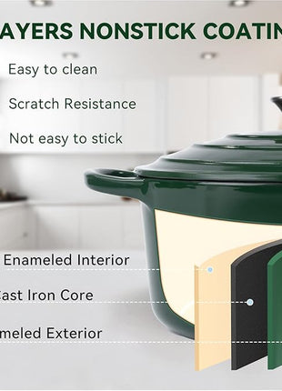 Miereirl 6 Quart Enameled Dutch Oven Pot with Lid, Cast Iron Dutch Oven with Dual Handles for Bread Baking, Cooking, Non-stick Enamel Coated Cookware (Green)