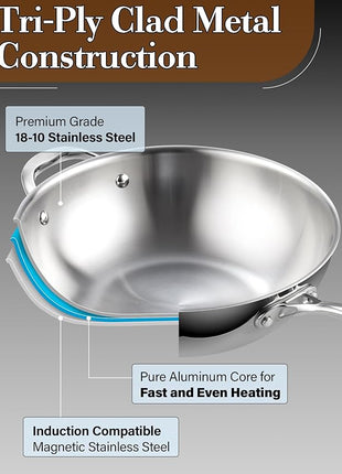 Cooks Standard Wok Pan Stainless Steel, 12-Inch Multi-Ply Clad Stir Fry Pan with Glass Lid, Induction Cookware, Silver