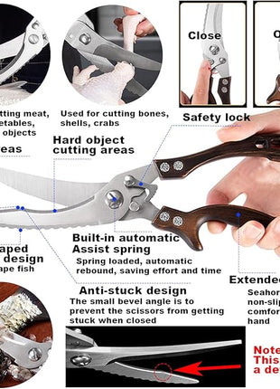 ANDONG Kitchen Scissors, Heavy Duty Professional Poultry Shears, Stainless Steel Spring Loaded, Dishwasher Safe, with Black Leather Sheath