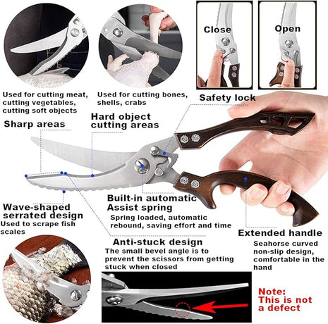 ANDONG Kitchen Scissors, Heavy Duty Professional Poultry Shears, Stainless Steel Spring Loaded, Dishwasher Safe, with Black Leather Sheath