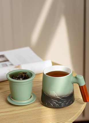 ZENS Tea Mug with Infuser and Lid for Loose Leaf Tea Steeper, 16.9 oz Embossed Ceramic Tea Cup with Fine Strainersand Wood Handle, Diffusers Accessories for Tea Lovers Gifts