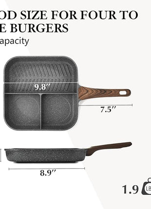 SENSARTE Nonstick Divided Grill Pan for Stove Tops, 3-Section Versatile Breakfast Grilling Pan, Durable Square Grill Skillet, Steak Griddle Pan, PFOA, PFOS, APEO Free, Induction Compatible, 9.5 Inch