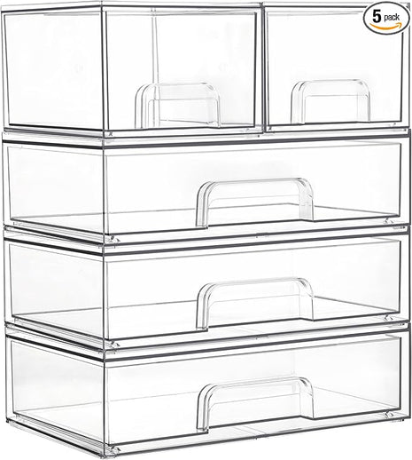 Vtopmart Clear Stackable Storage Drawers Set of 5, Plastic Organizer Bins for Makeup, Cosmetics, Beauty Supplies,Ideal for Vanity, Bathroom,Cabinet,Pantry Organization