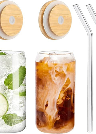 Drinking Glasses with Bamboo Lids and Glass Straw 2PCS Set, 16oz Glass Cups with Lids and Straws, Beer, Iced Coffee Glasses, Soda, Gift 1 Cleaning Brushes