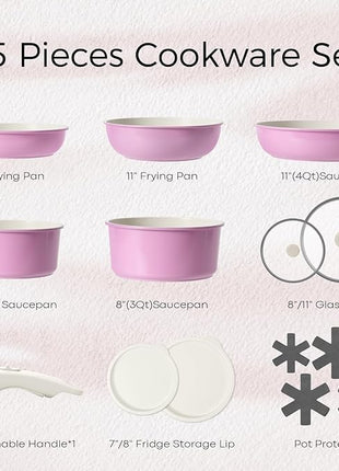 15Pcs Pots and Pans Set Non Stick, Cookware Sets with Detachable Handle, Nonstick RV Kitchen Cooking Tools Removable Handles, Oven Safe, Induction Fast, Stackable Induction Cookware, Pink