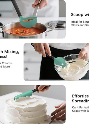 Coukre Silicone Kitchen Cooking Utensils Set with Holder – Heat-Resistant, Food-Grade Kitchen Tools, Spatula, Spoon & Gadgets for Non-Stick Pans, Dishwasher Safe (14, AquaGreen)