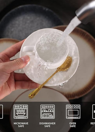 Lareina 3-Ounce Espresso Cups with Saucers, Spoons and Metal Stand, Small Stackable Coffee Cups Set of 4, Ceramic Demitasse Mugs, White