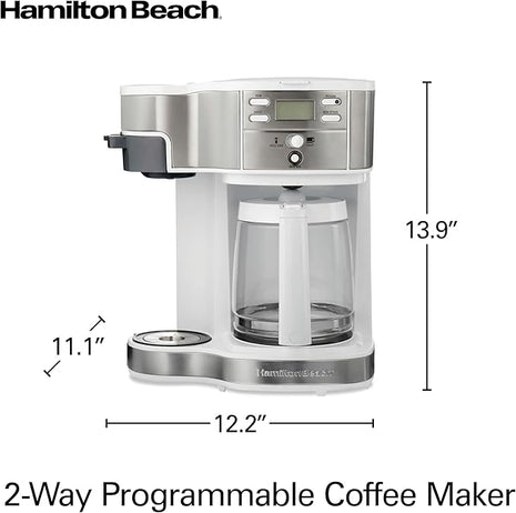 Hamilton Beach 2-Way Programmable Coffee Maker, 12 Cup Glass Carafe And Single Serve Coffee Maker, White with Stainless Steel Accents, 49933