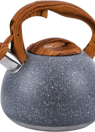 Tea Kettle, 3.2 Quart Whistling Tea Kettle Stovetop, Tea Pots for Stove Top Food Grade Stainless Steel with Wood Pattern Handle, Grey Teapot