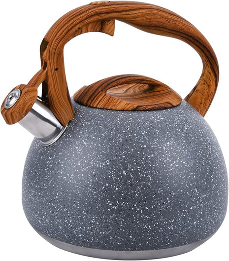 Tea Kettle, 3.2 Quart Whistling Tea Kettle Stovetop, Tea Pots for Stove Top Food Grade Stainless Steel with Wood Pattern Handle, Grey Teapot