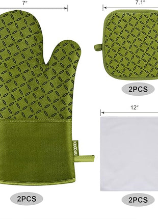 KEGOUU Oven Mitts and Pot Holders 6pcs Set, Kitchen Oven Glove High Heat Resistant 500 Degree Extra Long Oven Mitts and Potholder with Non-Slip Silicone Surface for Cooking (Olive Drab)