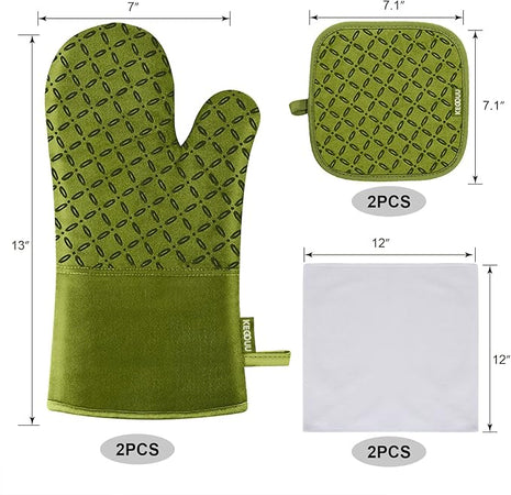 KEGOUU Oven Mitts and Pot Holders 6pcs Set, Kitchen Oven Glove High Heat Resistant 500 Degree Extra Long Oven Mitts and Potholder with Non-Slip Silicone Surface for Cooking (Olive Drab)