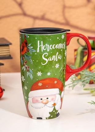 Topadorn Christmas Ceramic Mug Coffee Cup with Sealed Lid and Gift Box Latte Mug, 17oz. Here Comes Santa Claus