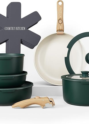 Country Kitchen Cookware Set with Removable Handle, Oven & RV Safe Pots and Pans Set, Sage Wood Handle, Original
