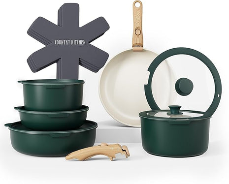 Country Kitchen Cookware Set with Removable Handle, Oven & RV Safe Pots and Pans Set, Sage Wood Handle, Original