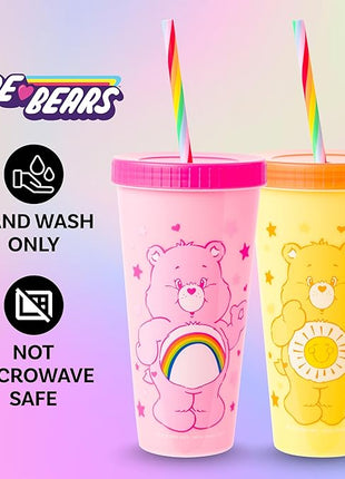 Silver Buffalo Care Bears Hearts and Stars 4 Pack Plastic Color Changing Tumblers with Rainbow Swirl Straws Featuring Tenderheart, Funshine, Cheer, and Grumpy Bear 24 Ounces