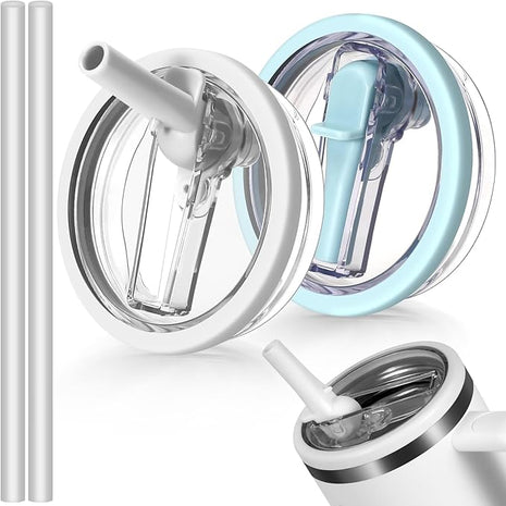 40oz Flip Straw Leak Proof Lid for Stanley H2.0 Quencher Protour Tumbler, 2 Pack Spill Proof Lid Replacement Straw Cover Top for 40 OZ Stanley Cup Accessories (White, SkyBlue)