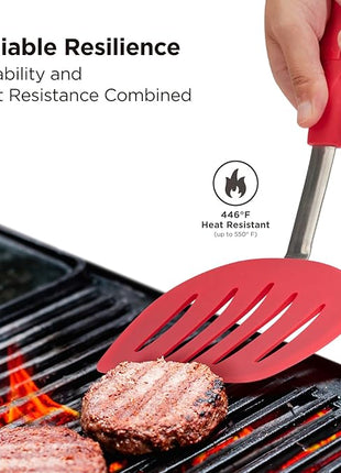 Kitchen Mama WaltzGrip Platinum Silicone Pancake Spatula Turner: Heat Resistant Flexible, Stainless Steel Core, Nonstick, Dishwasher Safe, Flipper – Ideal Kitchen Cookware for Eggs, Fish, Meat (Red)