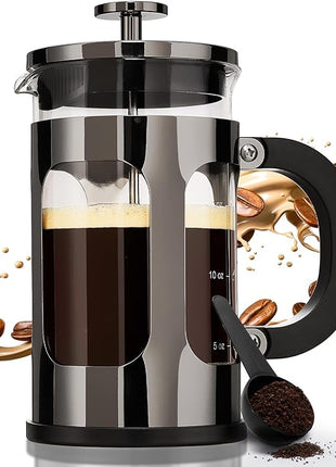 BAYKA 21 Ounce 0.6 Liter French Press Coffee Tea Maker Small, Heat Resistant Thickened Borosilicate Glass Stainless Steel Single Serve Brewer, Cold Brew Cafetera Teapot, Dark Pewter