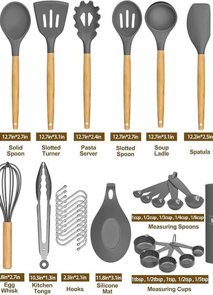 Umite Chef Kitchen Cooking Utensils Set, 33 pcs Non-stick Silicone Utensils Spatula Set with Holder, Wooden Handle Heat Resistant Silicone Kitchen Gadgets Utensil Set (Gray)
