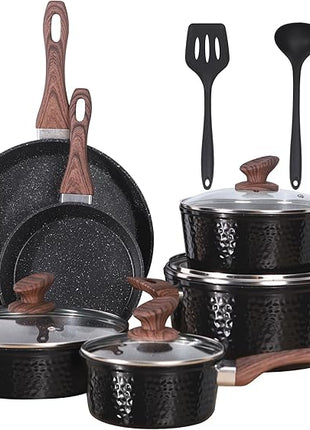 Kitchen Academy Induction Pots and Pans Set Non Stick - 12 Pcs Nonstick Kitchen Cookware Set, Black Hammered Cooking Pans Set