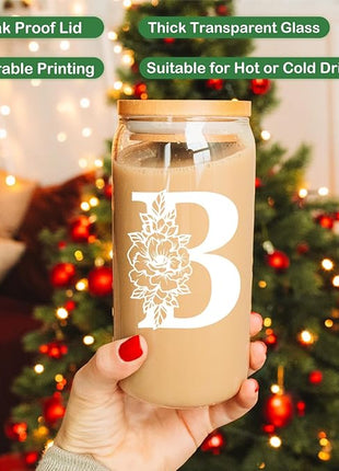 Coolife Initial Glass Cup, Monogrammed Gifts for Women, 16 oz Glass Cups w/Lids Straws, Iced Coffee Smoothie Beer Tumbler w/Straw Lid - Personalized Christmas, Birthday Gifts for Her Mom Friend Woman