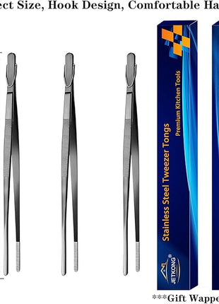 JETKONG 9-Inch Serving Tweezer Tongs Kitchen Tweezers Stainless Steel Cooking Tweezers, Set of 3 (9 9 9 Inch, Black)