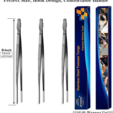 JETKONG 9-Inch Serving Tweezer Tongs Kitchen Tweezers Stainless Steel Cooking Tweezers, Set of 3 (9 9 9 Inch, Black)