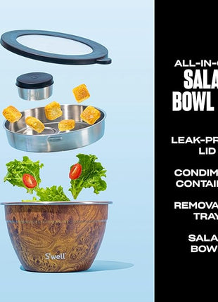 S’well Stainless Steel 64oz Salad Bowl Kit, Teakwood Finish, Includes 2oz Condiment Container and Removable Tray, Leak-Proof and Easy to Clean, Dishwasher Safe