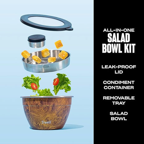 S’well Stainless Steel 64oz Salad Bowl Kit, Teakwood Finish, Includes 2oz Condiment Container and Removable Tray, Leak-Proof and Easy to Clean, Dishwasher Safe
