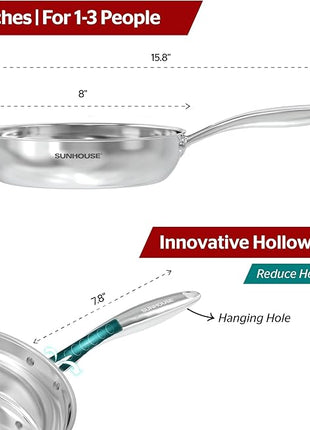 SUNHOUSE – 8 Inch / 20 cm Stainless Steel Frying Pan, Tri-Ply Stainless Steel Construction, PFOA-FREE, Stay-Cool Handle, Induction Compatible with All Cooktops, Dishwasher Safe