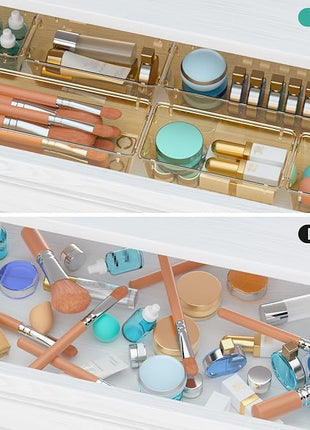 WOWBOX 6 Pack Clear Drawer Organizer Set, Acrylic Drawer Storage Trays, Storage Bins for Makeup, Cosmetics, Jewelries, Utensils, Gadgets, Office, Champagne