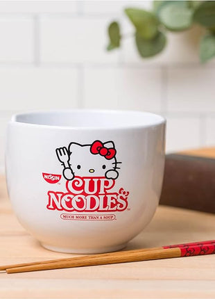 Silver Buffalo Sanrio Hello Kitty Cup Noodles Nissin Ceramic Ramen Noodle Rice Bowl with Chopsticks, Microwave Safe, 20 Ounces