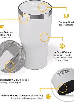 RTIC 20oz Essential Tumbler with Lid, Ceramic Lined, Insulated, Stainless Steel, Metal, Double Wall Vacuum-Insulation, Travel Cup for Iced Coffee, Tea, Hot and Cold Drink, White