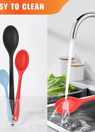 3 Pcs Silicone Spoons Set of 7.9 10.6 14.2 inch for Cooking, Heat Resistant Kitchen Spoons for Mixing, Stirring, and Serving, Small to Large Non Stick (Black & Red & Blue)