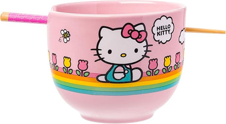 Silver Buffalo Hello Kitty Spring and Summer Flowers Rainbow Stripes Ceramic Ramen Noodle Rice Bowl with Chopsticks, Microwave Safe, 20 Ounces