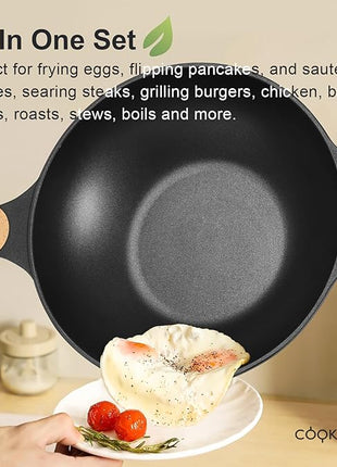 COOKLOVER Nonstick Woks And Stir Fry Pans Die-cast Aluminum Scratch Resistant 100% PFOA Free Induction Wok pan with Lid 12.6 Inch - BK