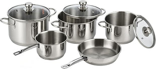 Vinod Stainless Steel Induction Friendly Tuscany Set 5 Pieces - Saucepan (14 cm/1.3 Litre), 3 Cassseroles (14 cm,16 cm & 18 cm/1.3,2 & 2.8 Litre), Frypan (18 cm) & 3 Glass Lids