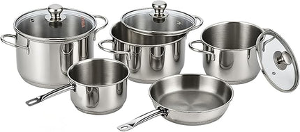 Vinod Stainless Steel Induction Friendly Tuscany Set 5 Pieces - Saucepan (14 cm/1.3 Litre), 3 Cassseroles (14 cm,16 cm & 18 cm/1.3,2 & 2.8 Litre), Frypan (18 cm) & 3 Glass Lids