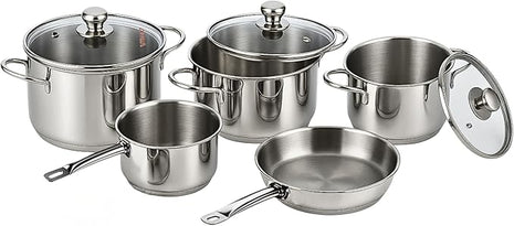 Vinod Stainless Steel Induction Friendly Tuscany Set 5 Pieces - Saucepan (14 cm/1.3 Litre), 3 Cassseroles (14 cm,16 cm & 18 cm/1.3,2 & 2.8 Litre), Frypan (18 cm) & 3 Glass Lids