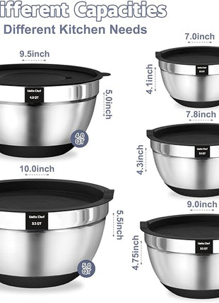Umite Chef Mixing Bowls with Airtight Lids, 8PCS Stainless Steel Nesting Mixing Bowls Set, 3 Grater Attachments & Non-Slip Bottoms, Black Kitchen Bowls, Size 5, 4, 3.5, 2, 1.5QT for Baking & Serving