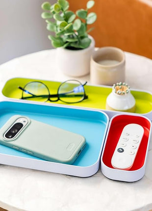 Three by Three Seattle 6 Piece Shallow Metal Organizer Tray Set for Storing Makeup, Stationery, Utensils, and More in Office Desk, Kitchen and Bathroom Drawers (1 Inch, Multicolor)